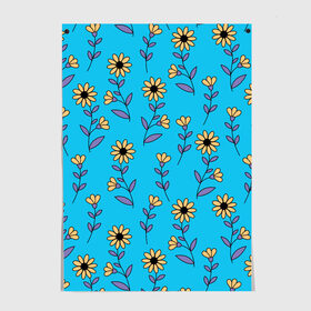 Постер с принтом Желтые цветы на голубом фоне в Новосибирске, 100% бумага
 | бумага, плотность 150 мг. Матовая, но за счет высокого коэффициента гладкости имеет небольшой блеск и дает на свету блики, но в отличии от глянцевой бумаги не покрыта лаком | 8 марта | flowers | summer | ботаническая иллюстрация | весна | желтый | лето | любовь | подсолнухи | праздник | принт | природа | растения | фиолетовый | цветы