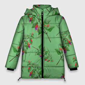 Женская зимняя куртка 3D с принтом Фуксии на светло зеленом фоне в Новосибирске, верх — 100% полиэстер; подкладка — 100% полиэстер; утеплитель — 100% полиэстер | длина ниже бедра, силуэт Оверсайз. Есть воротник-стойка, отстегивающийся капюшон и ветрозащитная планка. 

Боковые карманы с листочкой на кнопках и внутренний карман на молнии | 8 марта | flowers | summer | ботаническая иллюстрация | весна | зеленый | красный | лето | любовь | праздник | принт | природа | растения | фиолетовый | фуксия | цветы
