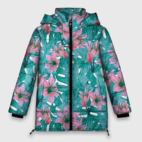 Женская зимняя куртка 3D с принтом Листья мостеры и цветы в Новосибирске, верх — 100% полиэстер; подкладка — 100% полиэстер; утеплитель — 100% полиэстер | длина ниже бедра, силуэт Оверсайз. Есть воротник-стойка, отстегивающийся капюшон и ветрозащитная планка. 

Боковые карманы с листочкой на кнопках и внутренний карман на молнии | 8 марта | flowers | summer | бирюзовый | ботаническая иллюстрация | весна | красный | лето | любовь | монстера | праздник | принт | природа | растения | розовый | цветы