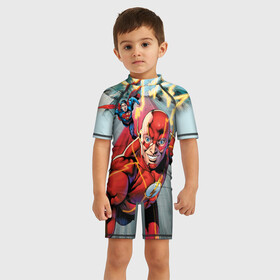 Детский купальный костюм 3D с принтом The Fastest Man Alive в Новосибирске, Полиэстер 85%, Спандекс 15% | застежка на молнии на спине | barry allen | justice league | superman | the flash | vdzabma | барри аллен | лига справедливости | супермен | флэш