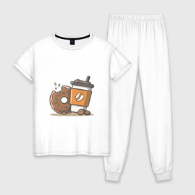 Женская пижама хлопок с принтом Сладкая жизнь в Новосибирске, 100% хлопок | брюки и футболка прямого кроя, без карманов, на брюках мягкая резинка на поясе и по низу штанин | Тематика изображения на принте: coffee | вкусняшки | кофе | пончик | сладости