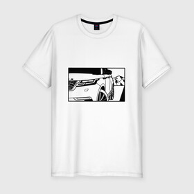 Мужская футболка хлопок Slim с принтом Range Rover Evoque Черно-белый в Новосибирске, 92% хлопок, 8% лайкра | приталенный силуэт, круглый вырез ворота, длина до линии бедра, короткий рукав | range rover evoque | горы | дорога | иллюстрация | колеса | машина | фары | черно белый