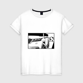 Женская футболка хлопок с принтом Range Rover Evoque Черно-белый в Новосибирске, 100% хлопок | прямой крой, круглый вырез горловины, длина до линии бедер, слегка спущенное плечо | range rover evoque | горы | дорога | иллюстрация | колеса | машина | фары | черно белый