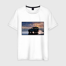 Мужская футболка хлопок с принтом Land Rover Defender на закате в Новосибирске, 100% хлопок | прямой крой, круглый вырез горловины, длина до линии бедер, слегка спущенное плечо. | Тематика изображения на принте: land rover defender | водитель | доска | закат | машина | море | небо | отлив | прилив | сёрфинг | старый дефендер | тень