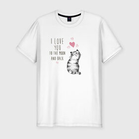 Мужская футболка хлопок Slim с принтом Котик в Новосибирске, 92% хлопок, 8% лайкра | приталенный силуэт, круглый вырез ворота, длина до линии бедра, короткий рукав | кот | кошка | люблю тебя до луны и обратно | мяу | полосатый | хвостатый