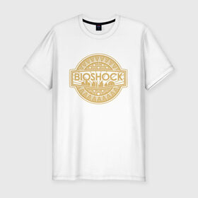 Мужская футболка хлопок Slim с принтом Bioshock Golden Logo в Новосибирске, 92% хлопок, 8% лайкра | приталенный силуэт, круглый вырез ворота, длина до линии бедра, короткий рукав | bioshock infinite | little sister | биошок | большой папочка | винтаж | ретро | сестра
