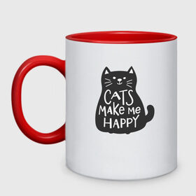 Кружка двухцветная с принтом Cat make me happy в Новосибирске, керамика | объем — 330 мл, диаметр — 80 мм. Цветная ручка и кайма сверху, в некоторых цветах — вся внутренняя часть | animal | cat | cat make me happy | животное | зверь | кот | кот делает меня счастливым | кошка | надписи