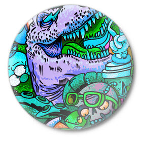 Значок с принтом Рекс динозавр в Новосибирске,  металл | круглая форма, металлическая застежка в виде булавки | Тематика изображения на принте: динозавры | инопланетянин | космос | монстры | существа | тираннозавр