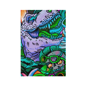 Обложка для паспорта матовая кожа с принтом Рекс динозавр в Новосибирске, натуральная матовая кожа | размер 19,3 х 13,7 см; прозрачные пластиковые крепления | Тематика изображения на принте: динозавры | инопланетянин | космос | монстры | существа | тираннозавр