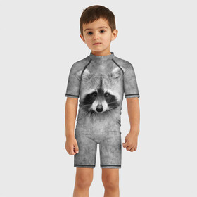 Детский купальный костюм 3D с принтом Енот в Новосибирске, Полиэстер 85%, Спандекс 15% | застежка на молнии на спине | animal | raccoon | енот | животное | животные | зверь | хищник