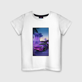 Детская футболка хлопок с принтом Тесла в фиолетовом закате в Новосибирске, 100% хлопок | круглый вырез горловины, полуприлегающий силуэт, длина до линии бедер | Тематика изображения на принте: арт | закат | иллюстрация | машина | пальмы | тень | тесла | фиолетовый | фотошоп