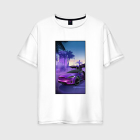 Женская футболка хлопок Oversize с принтом Тесла в фиолетовом закате в Новосибирске, 100% хлопок | свободный крой, круглый ворот, спущенный рукав, длина до линии бедер
 | арт | закат | иллюстрация | машина | пальмы | тень | тесла | фиолетовый | фотошоп