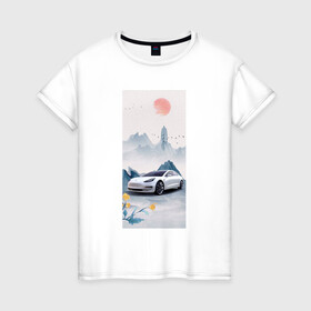 Женская футболка хлопок с принтом Тесла в японском стиле в Новосибирске, 100% хлопок | прямой крой, круглый вырез горловины, длина до линии бедер, слегка спущенное плечо | белый | горы | красный | машина | птицы | синий | солнце | тесла | фотошоп | цветы | япония