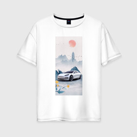 Женская футболка хлопок Oversize с принтом Тесла в японском стиле в Новосибирске, 100% хлопок | свободный крой, круглый ворот, спущенный рукав, длина до линии бедер
 | белый | горы | красный | машина | птицы | синий | солнце | тесла | фотошоп | цветы | япония