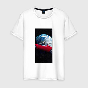 Мужская футболка хлопок с принтом Тесла в космосе в Новосибирске, 100% хлопок | прямой крой, круглый вырез горловины, длина до линии бедер, слегка спущенное плечо. | звезды | земля | космонавт | космос | красный | машина | облака | тесла