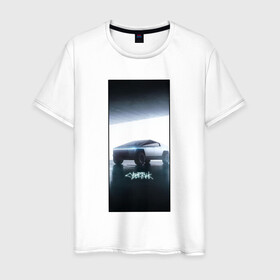 Мужская футболка хлопок с принтом Кибертрак в Новосибирске, 100% хлопок | прямой крой, круглый вырез горловины, длина до линии бедер, слегка спущенное плечо. | будущее | гараж | иллюстрация | кибертрак | машина | тень | тесла | фары | фотошоп