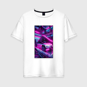 Женская футболка хлопок Oversize с принтом Кибертрак тесла в гараже в Новосибирске, 100% хлопок | свободный крой, круглый ворот, спущенный рукав, длина до линии бедер
 | гараж | иллюстрация | киберпанк | кибертрак | логотип | машина | разноцветный | розовый | темный | тесла