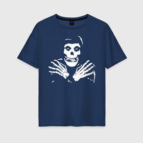 Женская футболка хлопок Oversize с принтом Misfits logo в Новосибирске, 100% хлопок | свободный крой, круглый ворот, спущенный рукав, длина до линии бедер
 | bones | death | group | guitar | logotype | misfits | rock | skeletone | skull | teeth | гитара | группа | зубы | кости | лого | мисфитс | неприкачнные | отбросы | рок | скелет | череп