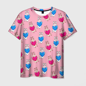 Мужская футболка 3D с принтом Love Bunny в Новосибирске, 100% полиэфир | прямой крой, круглый вырез горловины, длина до линии бедер | 14 февраля | baby | bunny | kawaii | love | love is | love you | rabbit | валентинка | влюбленные | девушка | жена | животные | зайчики | заяц | игрушка | кавайный | кролик | лучшая | любимая | люблю | любовь | малыш | подарок