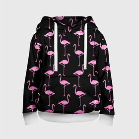 Детская толстовка 3D с принтом Фламинго | Чёрная в Новосибирске, 100% полиэстер | двухслойный капюшон со шнурком для регулировки, мягкие манжеты на рукавах и по низу толстовки, спереди карман-кенгуру с мягким внутренним слоем | Тематика изображения на принте: birds | drawing | fashion | feathers | flamingo | graphics | illustration | pink | stand | style | wings | youth | графика | иллюстрация | картинка | клюв | красивые | крылья | мода | молодежная | перья | птицы | рисунок | розовый | стиль | стоят
