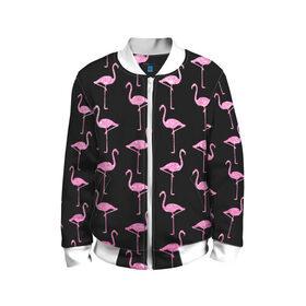 Детский бомбер 3D с принтом Фламинго | Чёрная в Новосибирске, 100% полиэстер | застегивается на молнию, по бокам два кармана без застежек, мягкие манжеты, по низу бомбера и на воротнике — эластичная резинка | birds | drawing | fashion | feathers | flamingo | graphics | illustration | pink | stand | style | wings | youth | графика | иллюстрация | картинка | клюв | красивые | крылья | мода | молодежная | перья | птицы | рисунок | розовый | стиль | стоят