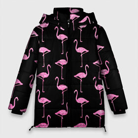 Женская зимняя куртка 3D с принтом Фламинго | Чёрная в Новосибирске, верх — 100% полиэстер; подкладка — 100% полиэстер; утеплитель — 100% полиэстер | длина ниже бедра, силуэт Оверсайз. Есть воротник-стойка, отстегивающийся капюшон и ветрозащитная планка. 

Боковые карманы с листочкой на кнопках и внутренний карман на молнии | birds | drawing | fashion | feathers | flamingo | graphics | illustration | pink | stand | style | wings | youth | графика | иллюстрация | картинка | клюв | красивые | крылья | мода | молодежная | перья | птицы | рисунок | розовый | стиль | стоят