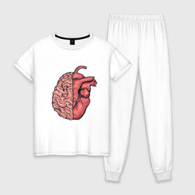 Женская пижама хлопок с принтом Мозг vs Сердце в Новосибирске, 100% хлопок | брюки и футболка прямого кроя, без карманов, на брюках мягкая резинка на поясе и по низу штанин | art | brain | drawing | heart | арт | мозг | рисунок | сердце