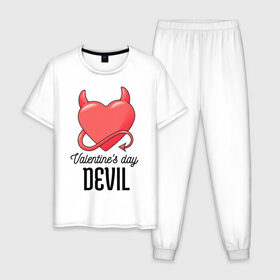 Мужская пижама хлопок с принтом Valentines Day Devil в Новосибирске, 100% хлопок | брюки и футболка прямого кроя, без карманов, на брюках мягкая резинка на поясе и по низу штанин
 | art | devil | heart | holiday | valentines day | арт | день влюбленных | день святого валентина | дьявол | праздник | сердце