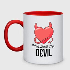 Кружка двухцветная с принтом Valentines Day Devil в Новосибирске, керамика | объем — 330 мл, диаметр — 80 мм. Цветная ручка и кайма сверху, в некоторых цветах — вся внутренняя часть | Тематика изображения на принте: art | devil | heart | holiday | valentines day | арт | день влюбленных | день святого валентина | дьявол | праздник | сердце