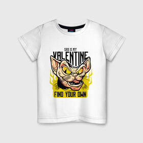 Детская футболка хлопок с принтом She Is My Valentine в Новосибирске, 100% хлопок | круглый вырез горловины, полуприлегающий силуэт, длина до линии бедер | Тематика изображения на принте: art | cat | fire | love | valentine | valentines day | арт | валентинка | день влюбленных | день святого валентина | кот | любовь | огонь