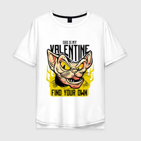 Мужская футболка хлопок Oversize с принтом She Is My Valentine в Новосибирске, 100% хлопок | свободный крой, круглый ворот, “спинка” длиннее передней части | art | cat | fire | love | valentine | valentines day | арт | валентинка | день влюбленных | день святого валентина | кот | любовь | огонь