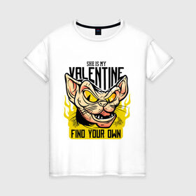 Женская футболка хлопок с принтом She Is My Valentine в Новосибирске, 100% хлопок | прямой крой, круглый вырез горловины, длина до линии бедер, слегка спущенное плечо | art | cat | fire | love | valentine | valentines day | арт | валентинка | день влюбленных | день святого валентина | кот | любовь | огонь