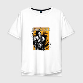 Мужская футболка хлопок Oversize с принтом Dark Souls в Новосибирске, 100% хлопок | свободный крой, круглый ворот, “спинка” длиннее передней части | Тематика изображения на принте: dark souls | брызги | войн | дакр соулс | игра | рыцарь | тёмные души