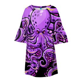 Детское платье 3D с принтом Кровожадный осьминог в Новосибирске, 100% полиэстер | прямой силуэт, чуть расширенный к низу. Круглая горловина, на рукавах — воланы | art | octopus | арт | глаза | голова | животные | красные | монстр | осьминог | щупальца