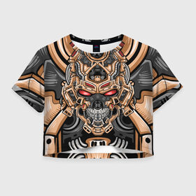 Женская футболка Crop-top 3D с принтом CyberSkull в Новосибирске, 100% полиэстер | круглая горловина, длина футболки до линии талии, рукава с отворотами | cyberpunk | evil | head | mask | mechanical | rage | robot | skull | арт | гнев | голова | демон | дьявол | злой | киберпанк | маска | механический | монстр | робот | рога | самурай | череп