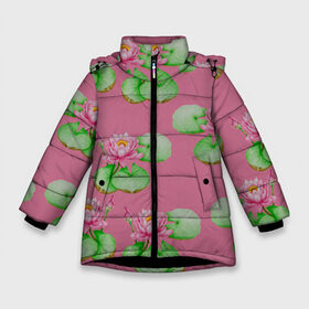 Зимняя куртка для девочек 3D с принтом Лотосы на розовом фоне в Новосибирске, ткань верха — 100% полиэстер; подклад — 100% полиэстер, утеплитель — 100% полиэстер. | длина ниже бедра, удлиненная спинка, воротник стойка и отстегивающийся капюшон. Есть боковые карманы с листочкой на кнопках, утяжки по низу изделия и внутренний карман на молнии. 

Предусмотрены светоотражающий принт на спинке, радужный светоотражающий элемент на пуллере молнии и на резинке для утяжки. | 8 марта | flowers | march 8 | spring | ботаническая иллюстрация | весна | водяные лилии | день рождения | зеленый | лето | лотосы | любовь | праздник | принт | природа | растения | розовый | цветы