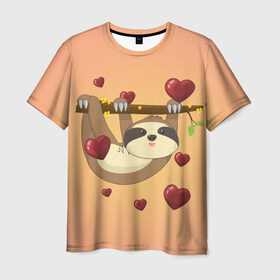 Мужская футболка 3D с принтом Ленивец в Новосибирске, 100% полиэфир | прямой крой, круглый вырез горловины, длина до линии бедер | day | heart | love | romantic | sluggard | valentine | valentines | амур | валентина | влюбленные | влюбленных | всех | день | купидон | ленивец | любовь | романтика | романтичность | святого | сердечки | сердечко | сердце