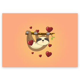 Поздравительная открытка с принтом Ленивец в Новосибирске, 100% бумага | плотность бумаги 280 г/м2, матовая, на обратной стороне линовка и место для марки
 | day | heart | love | romantic | sluggard | valentine | valentines | амур | валентина | влюбленные | влюбленных | всех | день | купидон | ленивец | любовь | романтика | романтичность | святого | сердечки | сердечко | сердце