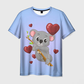 Мужская футболка 3D с принтом Коала в Новосибирске, 100% полиэфир | прямой крой, круглый вырез горловины, длина до линии бедер | day | heart | koala | love | romantic | valentine | valentines | амур | валентина | влюбленные | влюбленных | всех | день | коала | купидон | любовь | романтика | романтичность | святого | сердечки | сердечко | сердце