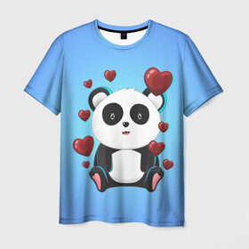 Мужская футболка 3D с принтом Панда в Новосибирске, 100% полиэфир | прямой крой, круглый вырез горловины, длина до линии бедер | day | heart | love | panda | romantic | valentine | valentines | амур | валентина | влюбленные | влюбленных | всех | день | купидон | любовь | романтика | романтичность | святого | сердечки | сердечко | сердце