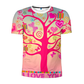 Мужская футболка 3D спортивная с принтом Дерево любви признание в Новосибирске, 100% полиэстер с улучшенными характеристиками | приталенный силуэт, круглая горловина, широкие плечи, сужается к линии бедра | бабочки | дерево | деревце | любовь | признание | розовый | романтика | сердечки | цветочки