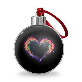 Ёлочный шар с принтом пламенное сердце на черном в Новосибирске, Пластик | Диаметр: 77 мм | любовь | огонь | пламя | пылает | радужный огонь | сердечко | сердце | темный фон | чувства
