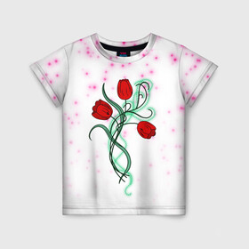 Детская футболка 3D с принтом Весенний вальс в Новосибирске, 100% гипоаллергенный полиэфир | прямой крой, круглый вырез горловины, длина до линии бедер, чуть спущенное плечо, ткань немного тянется | 8 марта | love | tulips | алые | бабушка | букет | бутоны | весна | девушке | дочь | жена | женщинам | красные цветы | лепестки | лето | листья | лучшая | любимая | любовь | мама | подарок | природа