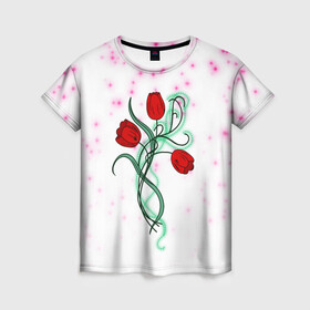 Женская футболка 3D с принтом Весенний вальс в Новосибирске, 100% полиэфир ( синтетическое хлопкоподобное полотно) | прямой крой, круглый вырез горловины, длина до линии бедер | 8 марта | love | tulips | алые | бабушка | букет | бутоны | весна | девушке | дочь | жена | женщинам | красные цветы | лепестки | лето | листья | лучшая | любимая | любовь | мама | подарок | природа