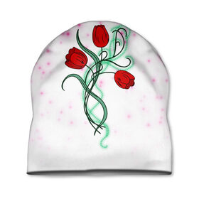 Шапка 3D с принтом Весенний вальс в Новосибирске, 100% полиэстер | универсальный размер, печать по всей поверхности изделия | 8 марта | love | tulips | алые | бабушка | букет | бутоны | весна | девушке | дочь | жена | женщинам | красные цветы | лепестки | лето | листья | лучшая | любимая | любовь | мама | подарок | природа