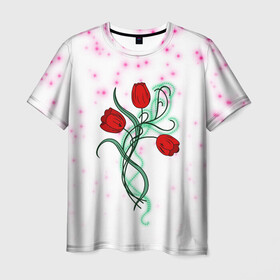 Мужская футболка 3D с принтом Весенний вальс в Новосибирске, 100% полиэфир | прямой крой, круглый вырез горловины, длина до линии бедер | 8 марта | love | tulips | алые | бабушка | букет | бутоны | весна | девушке | дочь | жена | женщинам | красные цветы | лепестки | лето | листья | лучшая | любимая | любовь | мама | подарок | природа