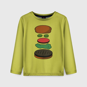 Детский лонгслив 3D с принтом Бургер в разборе в Новосибирске, 100% полиэстер | длинные рукава, круглый вырез горловины, полуприлегающий силуэт
 | Тематика изображения на принте: fastfood | food | pattern | бургер | бургер кинг | гамбургер | еда | макдональдс | паттерн | фастфуд