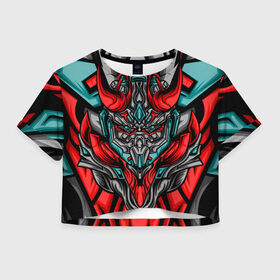 Женская футболка Crop-top 3D с принтом CyberSkull в Новосибирске, 100% полиэстер | круглая горловина, длина футболки до линии талии, рукава с отворотами | cyberpunk | evil | head | mask | mechanical | rage | robot | skull | арт | гнев | голова | демон | дьявол | злой | киберпанк | маска | механический | монстр | робот | рога | самурай | череп