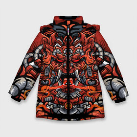 Зимняя куртка для девочек 3D с принтом Cyber Samurai в Новосибирске, ткань верха — 100% полиэстер; подклад — 100% полиэстер, утеплитель — 100% полиэстер. | длина ниже бедра, удлиненная спинка, воротник стойка и отстегивающийся капюшон. Есть боковые карманы с листочкой на кнопках, утяжки по низу изделия и внутренний карман на молнии. 

Предусмотрены светоотражающий принт на спинке, радужный светоотражающий элемент на пуллере молнии и на резинке для утяжки. | cyberpunk | evil | head | mask | mechanical | rage | robot | skull | арт | гнев | голова | демон | дьявол | злой | киберпанк | маска | механический | монстр | робот | рога | самурай | череп