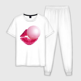 Мужская пижама хлопок с принтом BubbleGum Lips в Новосибирске, 100% хлопок | брюки и футболка прямого кроя, без карманов, на брюках мягкая резинка на поясе и по низу штанин
 | bubble | bubblegum | day | gum | heart | kiss | lips | love | romantic | valentine | valentines | амур | валентина | влюбленные | влюбленных | всех | губы | день | жвачка | любовь | поцелуй | романтика | романтичность | святого | сердечк